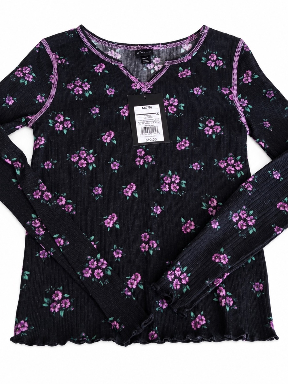 Long-Sleeve Ribbed Top with Purple Floral Print girls size medium 7/8 NWT